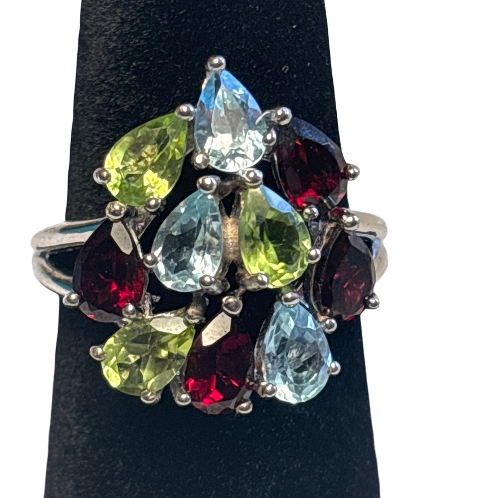 Elegant Multi-Color Teardrop Gemstone Ring 925 sterling silver Size 8